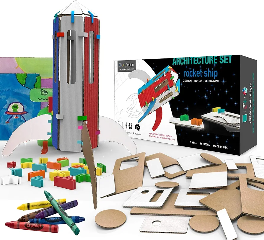 3DuxDesign Rocket Ship Architecture Set - DIY Design, Build & Paint Toy for Kids STEAM Education - 88 Easy to Assemble and Reusable Pieces to Make Rocket, Martian and Scene - Open Ended Creative Play