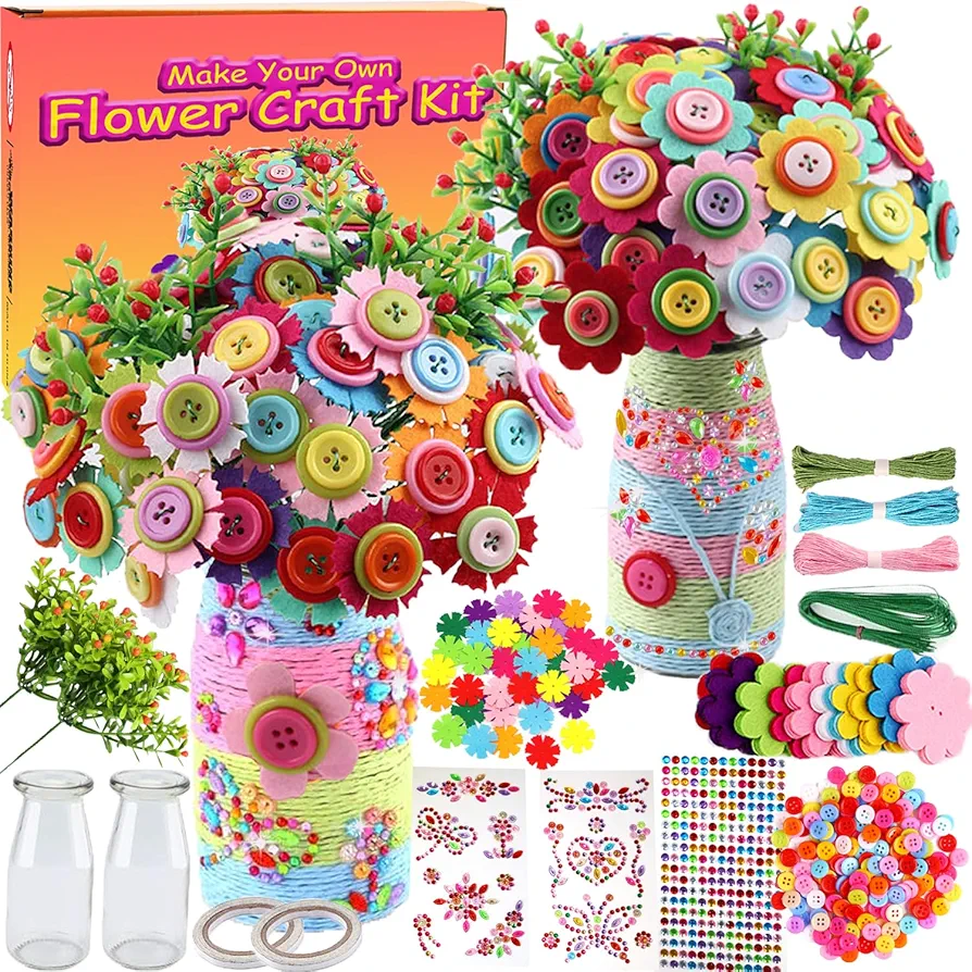 Korilave Crafts for Girls Ages 6-8 Make Your Own Flower Bouquet with Buttons and Felt Flowers, Art and Crafts for Kids Ages 8-12, DIY Personalized Christmas Birthday Gift for Girls Age 6 7 8 9 10