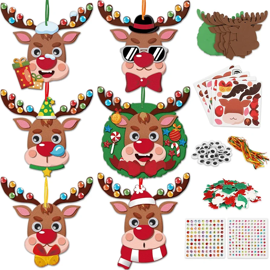 Qyeahkj 244pcs Christmas Foam Arts Crafts Kit for Kids, Reindeer Felt Bulk Ornaments (24 Pack) DIY Handcraft Kit for Kids Toddlers 4-8 DIY Craft, Xmas Holiday Party Favor Activity Project
