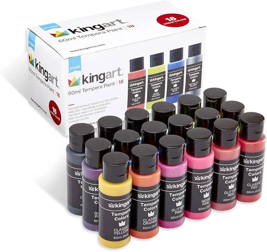 KINGART Kids Washable Tempera Paint, 18 Unique Colors, 60ml (2oz) Poster Paint, Art Supplies for Finger Painting, School Projects, and Crafting