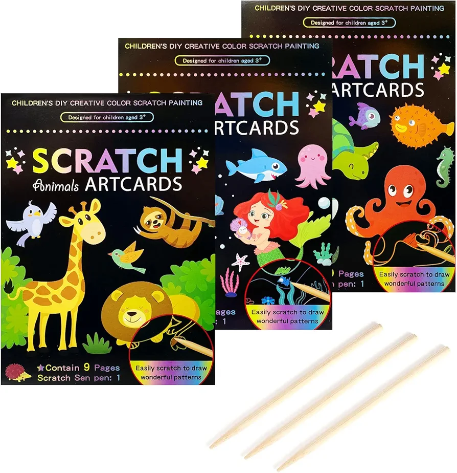 3Set Scratch Paper Art for Kids, Colorful Magic Drawing Book for Children Girls, Rainbow Scratch Off Craft Painting Book with 3 Scratch Pen for Birthday Party Games, DIY Projects Kits Craft Gifts