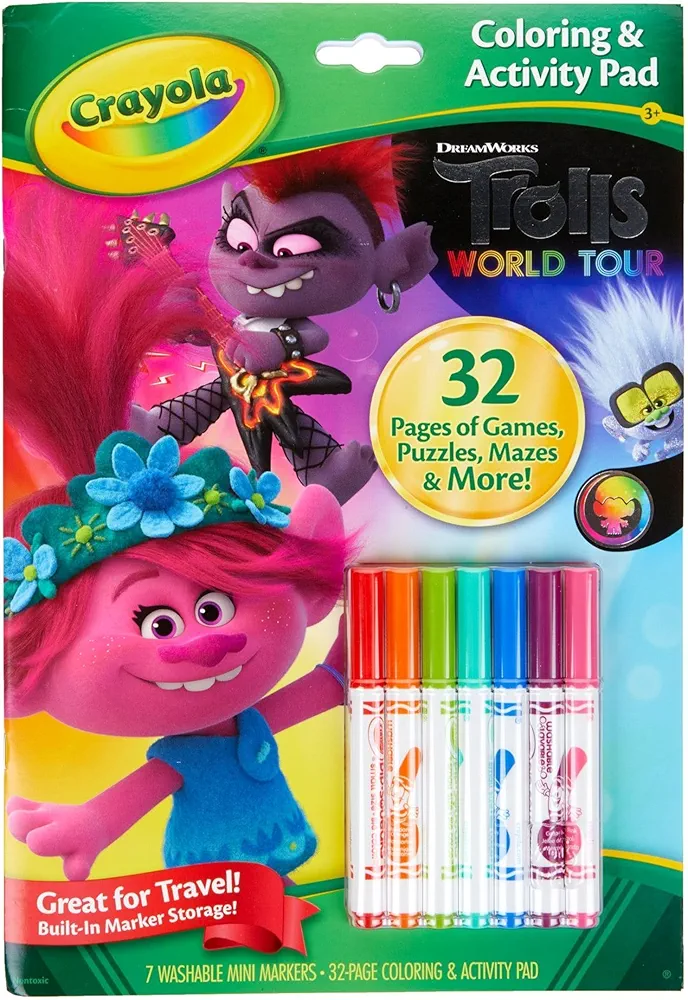 Crayola Trolls World Tour Color & Activity Pad, 32 Coloring Pages and 7 Mini Washable Markers Markers, Trolls 2 Gift for Kids, Ages 3+