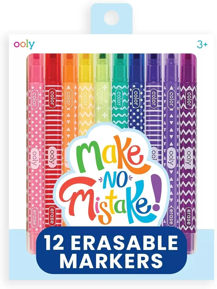 Ooly Make No Mistake Erasable Markers, Stress and Mess Free Marker Pack You Can Erase, Drawing and Coloring Pens for Kids and Adults, Colorful School Supplies for Any Arts and Crafts, Set of 12