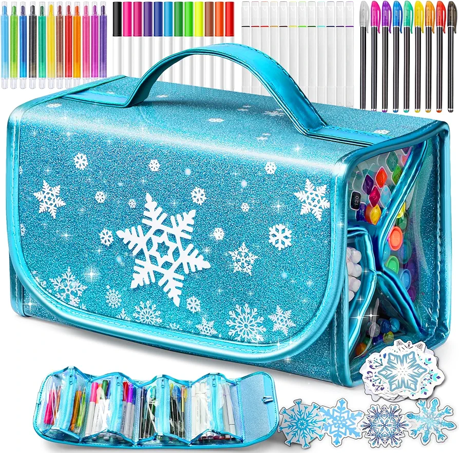beefunni Frozen Washable Markers Set 48 pcs with Glitter Pencil Case, Arts and Crafts for Kids Age 4-6 6-8, Colouring Markers Sets -Art & Supplies Coloring Set with Snowflake Stickers