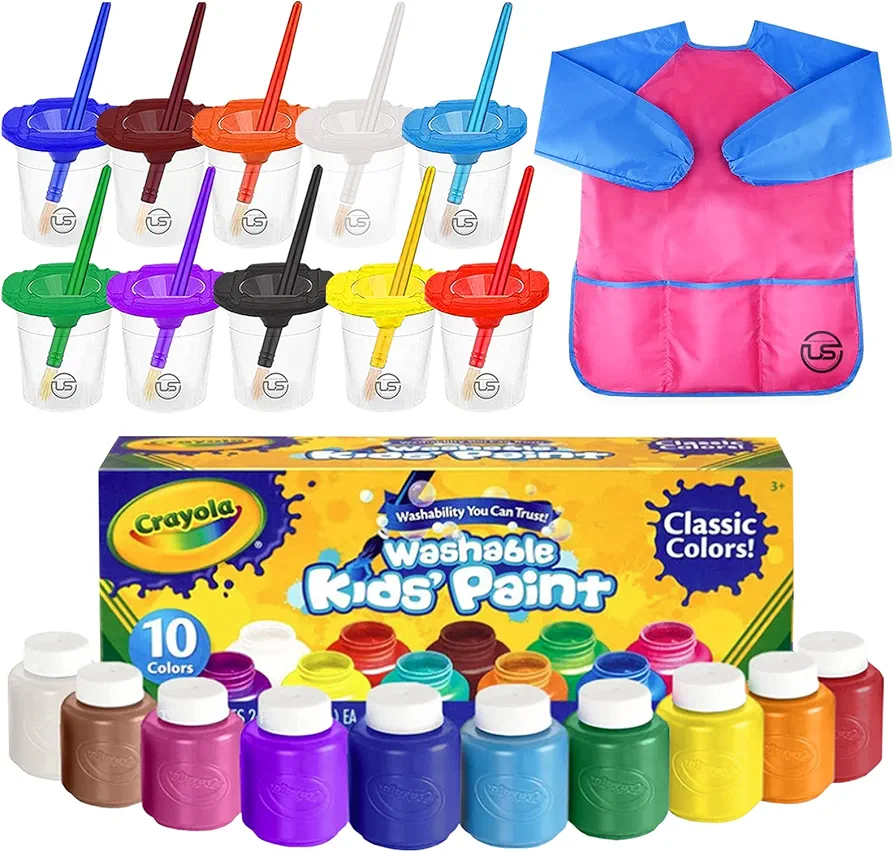 Washable Kids Paint 10 Colors, 10 No Spill Paint Cups For Kids With Lids, 10 Paint Brush Set, Waterproof Kids Smock – Christmas Gifts for Kids, Washable Paint Set For Kids, Finger Painting Supplies