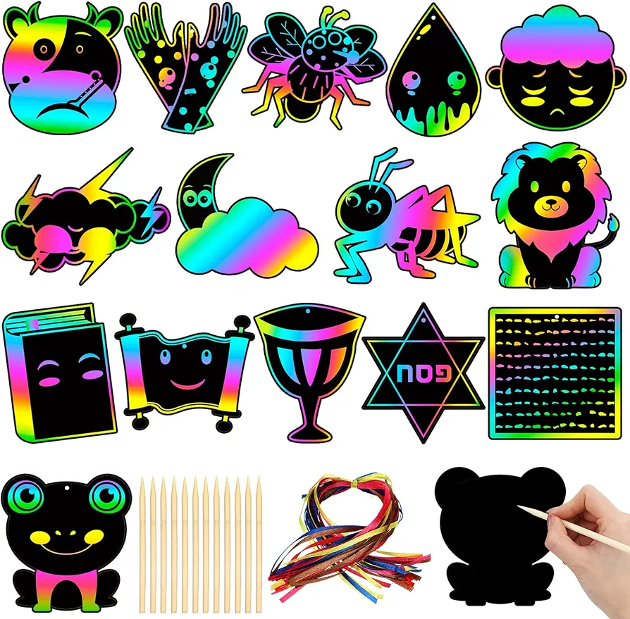 90 Pcs Passover Crafts Passover Scratch Paper Art Kit, 15 Set Scratch Off Rainbow Color Card for DIY Animals Drawing Notebook, Birthday Party Favor Hanging Decoration