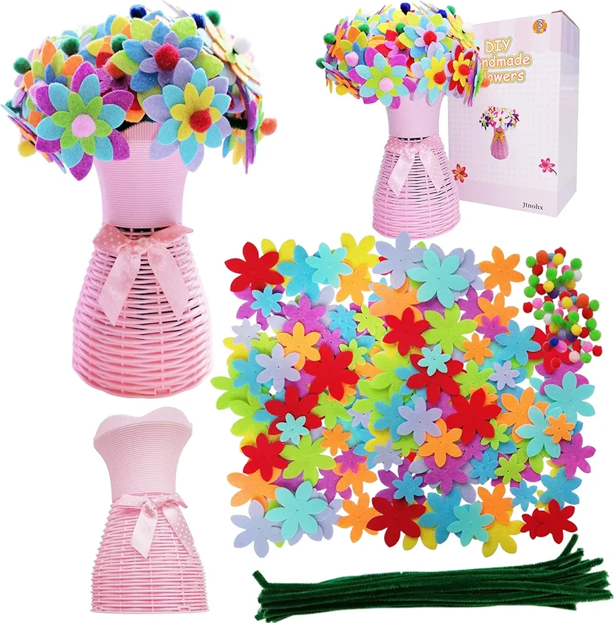 Jtnohx Craft Kits for Kids, Felt Flower Art Supplies for Girls, Make Your Own Flower Bouquet with Rattan Vase, Holiday Presents for Children for Mothers Day Activity