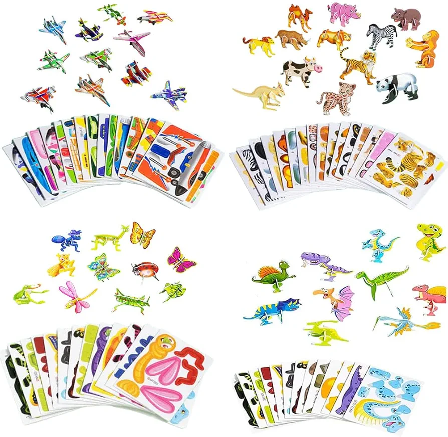 Educational 3D Cartoon Puzzles, 2024 Upgrade 3D Puzzles for Kids Ages 4-8, Children 3D Animals Jigsaw Puzzles Cartoon Educational Toys DIY Art Craft Puzzles Kits for Boys Girls (4 Sets, 100 PCS)