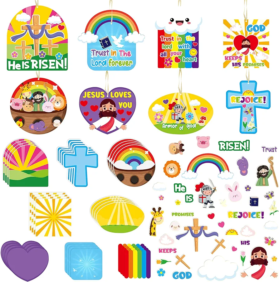 Haooryx 66PCS Christian Sunday School Craft Kit He Is Risen Hanging Ornament and Sticker Set Armor of God Crosses DIY Paper Ornament VBS Religious Sunday School Activities for Kids