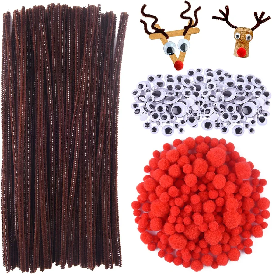 TUPARKA 650 Pcs Christmas Reindeer DIY Craft Set, Including 70 Pcs Brown Pipe Cleaners Chenille, 320 Pcs Googly Eyes, 260 Pcs Red Pom Poms Pompoms Red Noses for Craft