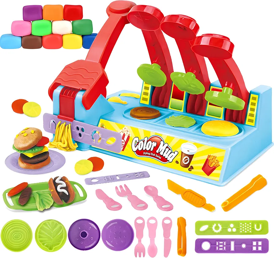Play Color Dough for Kids Ages 4-8,25PCS Play Kitchen Burger Noodle Maker Arts Crafts Play Food Toys,Christmas Birthday Gift for 3 4 5 6 7 8 Year Old Kids Girls Boys