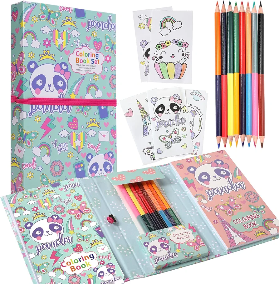 YOYTOO Panda Coloring Pads Kit for Girls, Panda Coloring Book, 60 Coloring Pages and 16 Colored Pencils for Drawing Painting, Back to School Birthday Gift for Girls Boys Kids Ages 3-12