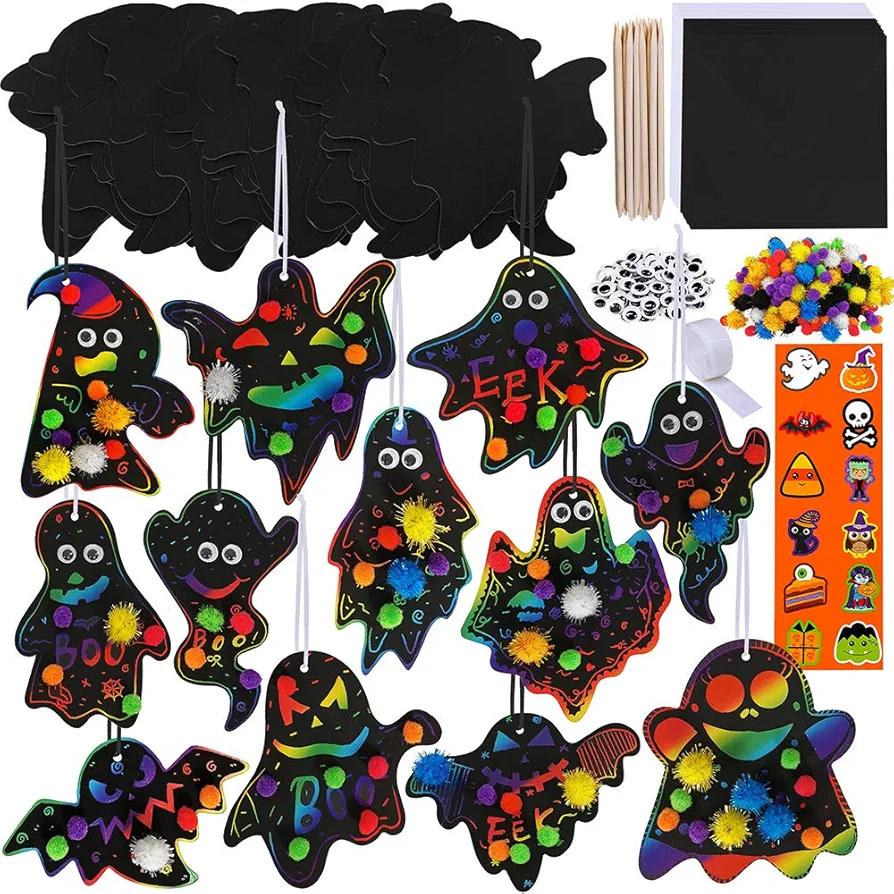 Winlyn 48 Sets Magic Color Scratch Halloween Ghost Hanging Ornaments Bookmarks Craft Kit Assorted Paper Ghost Cutouts Pom-poms Googly Eyes for Kids Classroom Party Favors Halloween Decor
