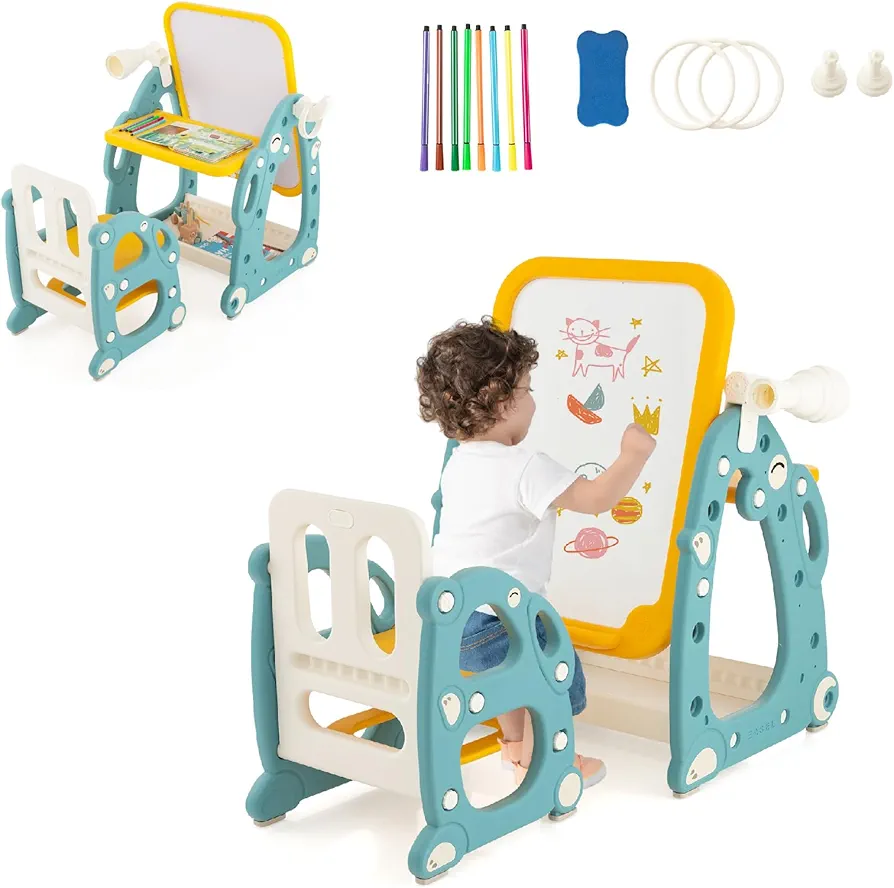 Costzon 4 in 1 Kids Art Easel, Kids Table and Chair Set with Adjustable Whiteboard, Desktop, Markers, Ring Toss, Telescope for Drawing, Writing, Playing, Easel for Toddlers