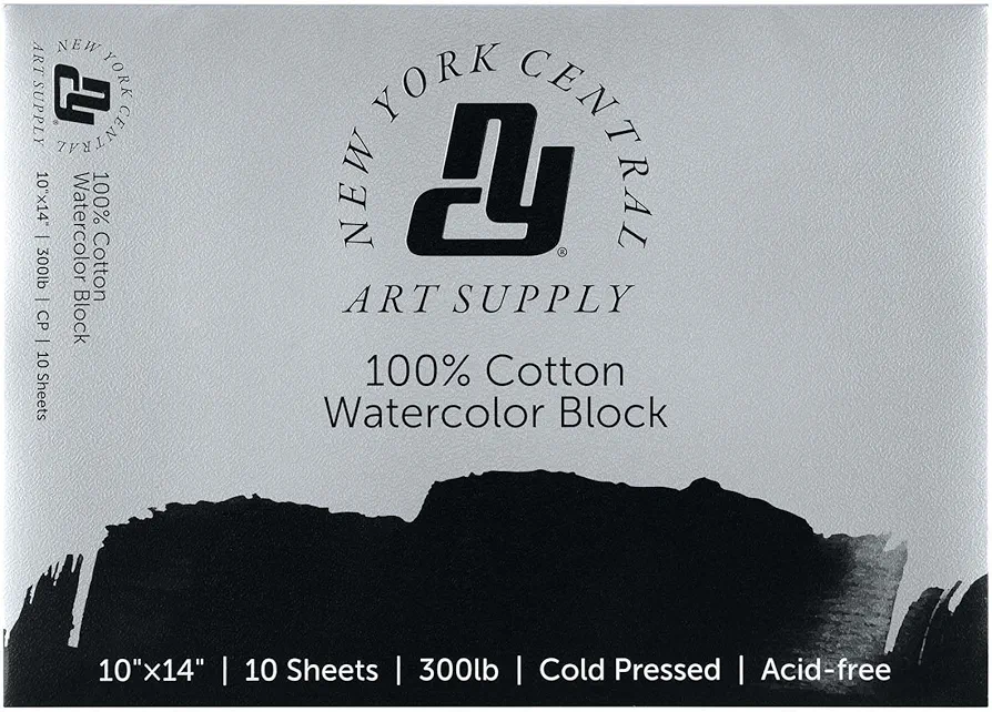 New York Central Watercolor Block, 300 lb Cold Press 10x14 inch, Pack of 10, Archival Watercolor Paper for Artists, Students, Gelatin Sized, Durable Water Color Paper, Suitable for Wet and Dry Media