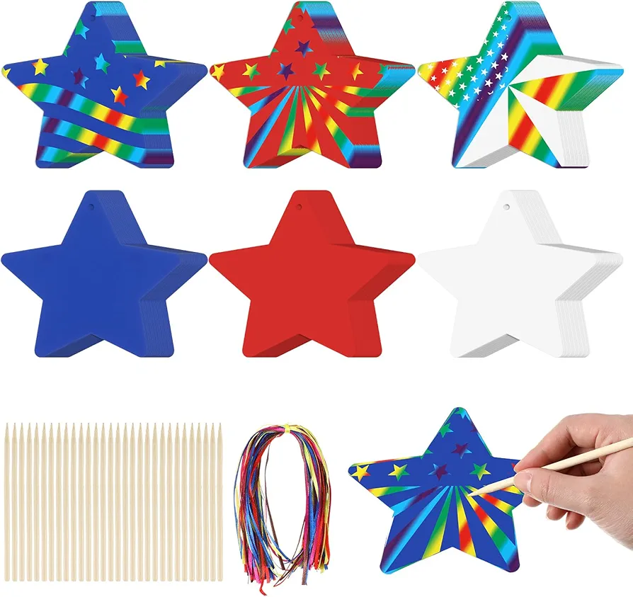 Liliful 60 Set Patriotic Crafts for Kids Colorful Star Scratch with 30 Wooden Scratch Tools Blue Red White Blue Hanging Star for Kids Gifts Craft 4th of July Activities School Party Favors