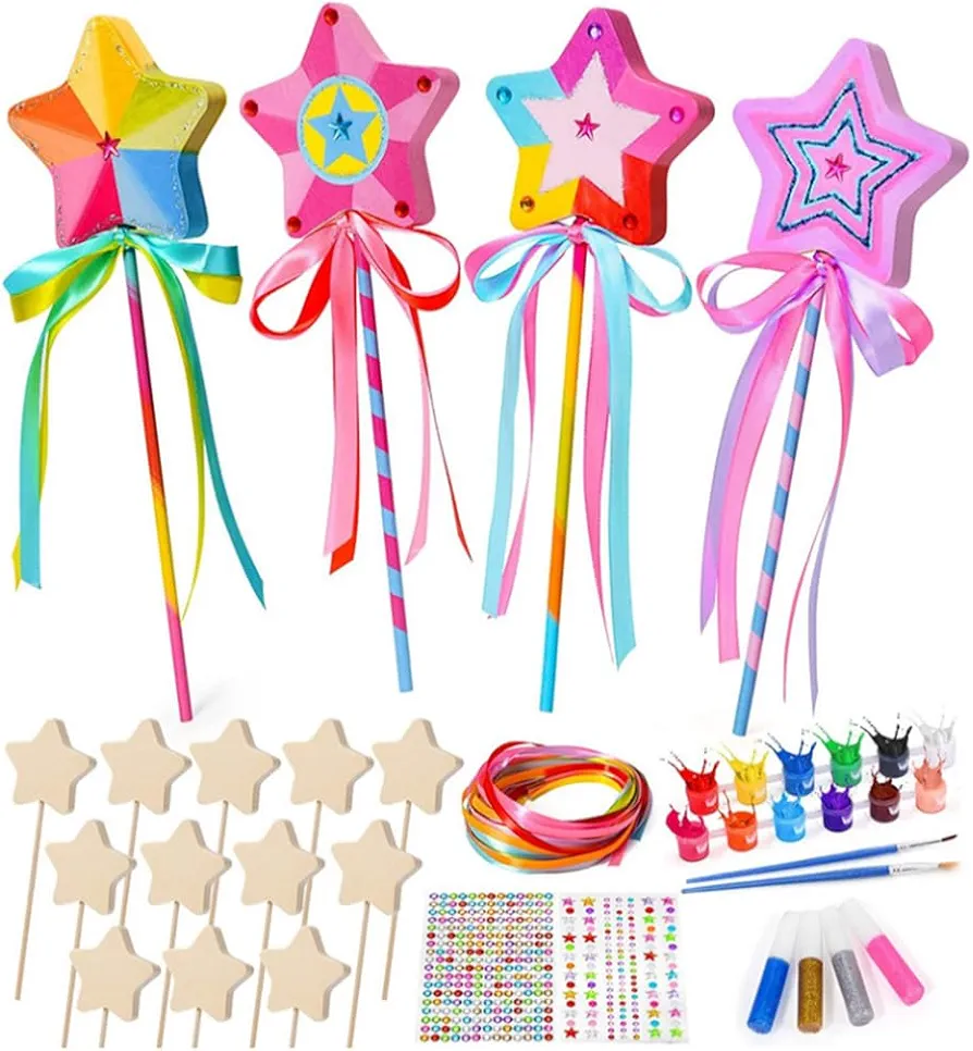 56Pcs Princess Fairy Wands Kit，Unfinished Wood Crafts ， Include Wooden Fairy Wands, Gem Stickers, Ribbons Unfinished Wooden DIY Magical， for Girls Make Your Own Princess Wand, Parties, Holiday Gifts