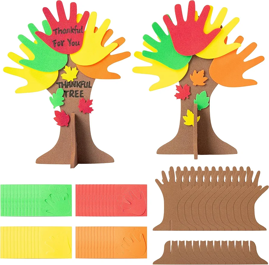 WATINC 12 Sets Happy Fall Handprint Tree DIY Foam Crafts Kit for kids, DIY Thankful Tree Crafts Kit Thanksgiving Crafts Greeting Tree for Fall Autumn Classroom Party Activities Decor