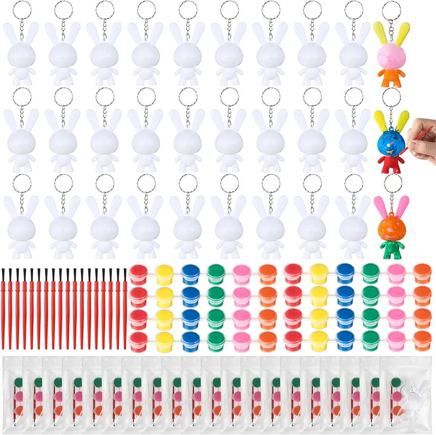Halloscume 28 Sets Easter Bunny Craft Kit Paint Kit Paintable White Plastic Easter Bunny Keychain with Paint and Brush Easter Bunny Decorating Kit for Kids DIY Craft Painting Spring Table Decorations