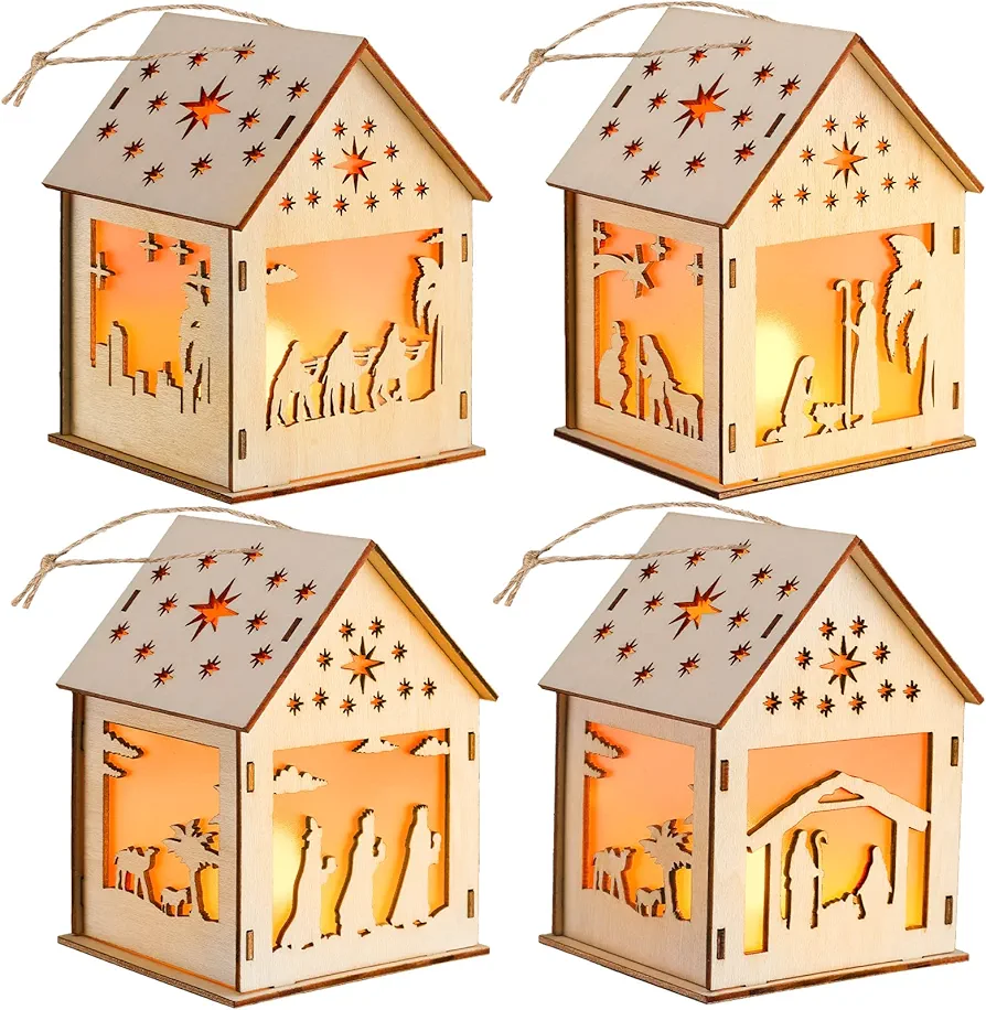 Christmas Wooden Craft Houses Kits 4 Nativity Scene Christmas Ornaments Unfinished DIY Houses Celebrate The Birth of Jesus with LED Light Puzzle Toy for Kids Family Indoor Outdoor Decorations