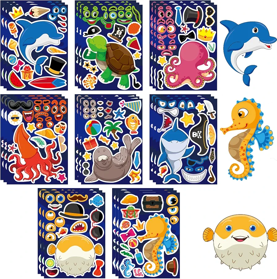 24 Sheets Make-a-Sea Face Sticker Sheets Make Your Own Ocean Animals Sticker Sheets DIY Art Craft Rewards for School Kid Teacher Summer Party Sticker Kids Party Favor Supplies