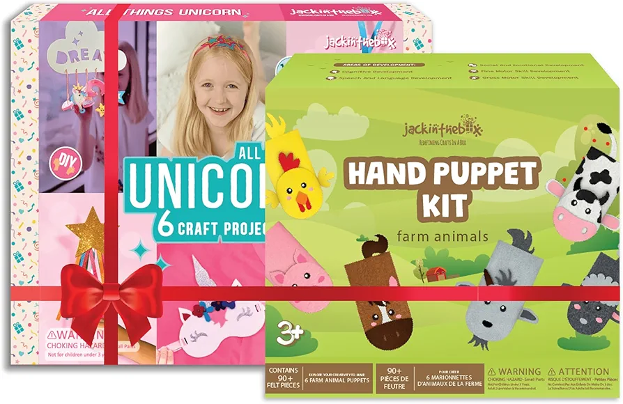 jackinthebox Gift for Little Girls & Boys (Unicorn 6in1 + Hand Puppet) Craft Kit Hand Puppet-Farm Animals & Unicorn Themed Arts & Crafts for Girls & Boys | Best Gift for Kids Ages 3 4 5 6 7 8 Years