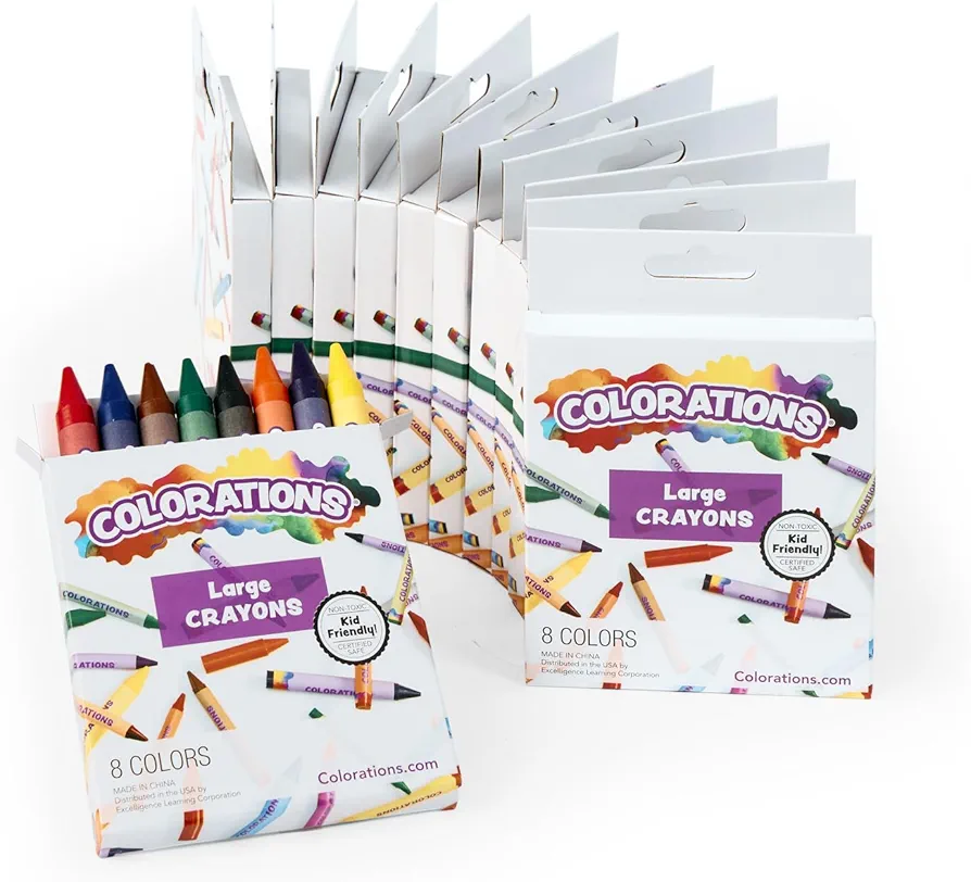 Colorations Large Crayons - 8 Colors per set, 12 Sets included, 96 Total Crayons, Each set Individually Packaged, Personalize & Decorate for Gifts, Arts & Craft Craft for Children
