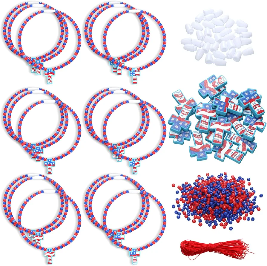 Sabary 24 Set Patriotic Craft for Kids 4th of July Crafts Religious Cross Necklace Craft Kit White Red and Blue Beads DIY Crafts Gifts for Kids and Fun Home Activities for Independence Day