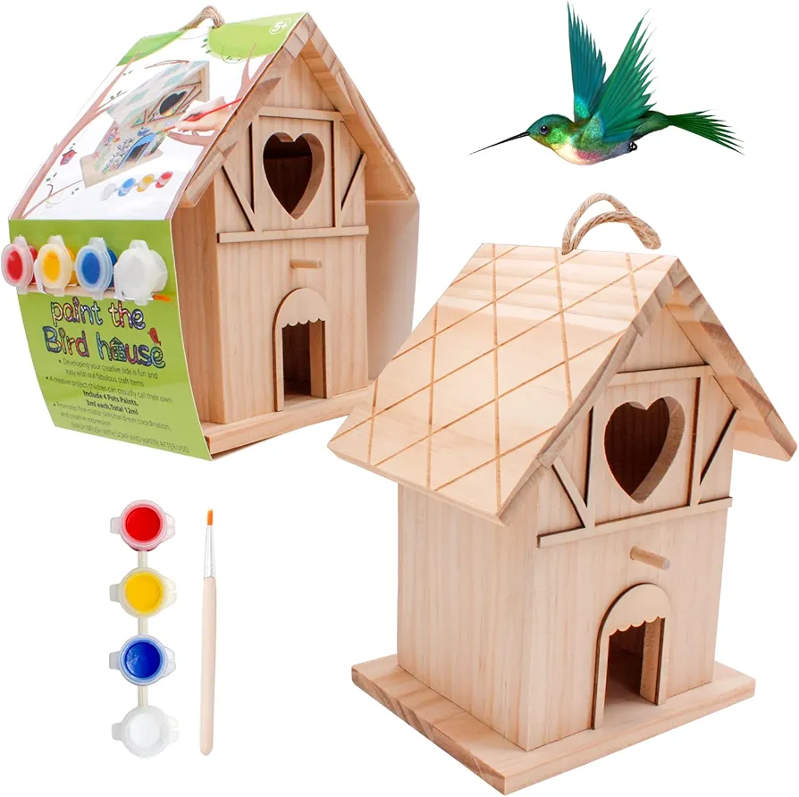 DIY Wooden Birdhouse Painting Kit for Kids, Bird House to Paint Set,Wood Arts and Crafts for Children,Ages 3-12 Build Your Own Bird Houses Set,Includes Paints & Brushes