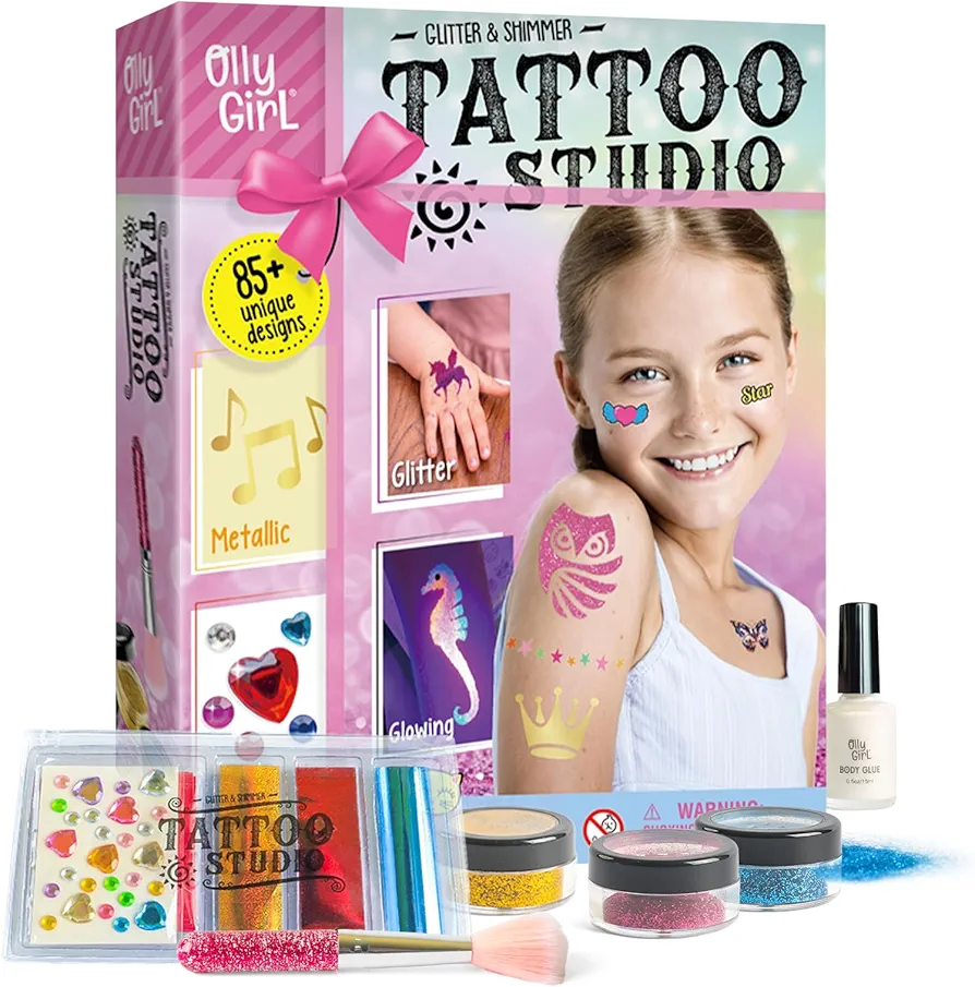 XXTOYS Temporary Shimmery Glitter Tattoo Studio for Kids, Glitter & Shimmer Body Art Fake Tattoos for Girls,Arts & Crafts Gifts for Kids Ages 6-8 8-12, Cool Gifts for Girls