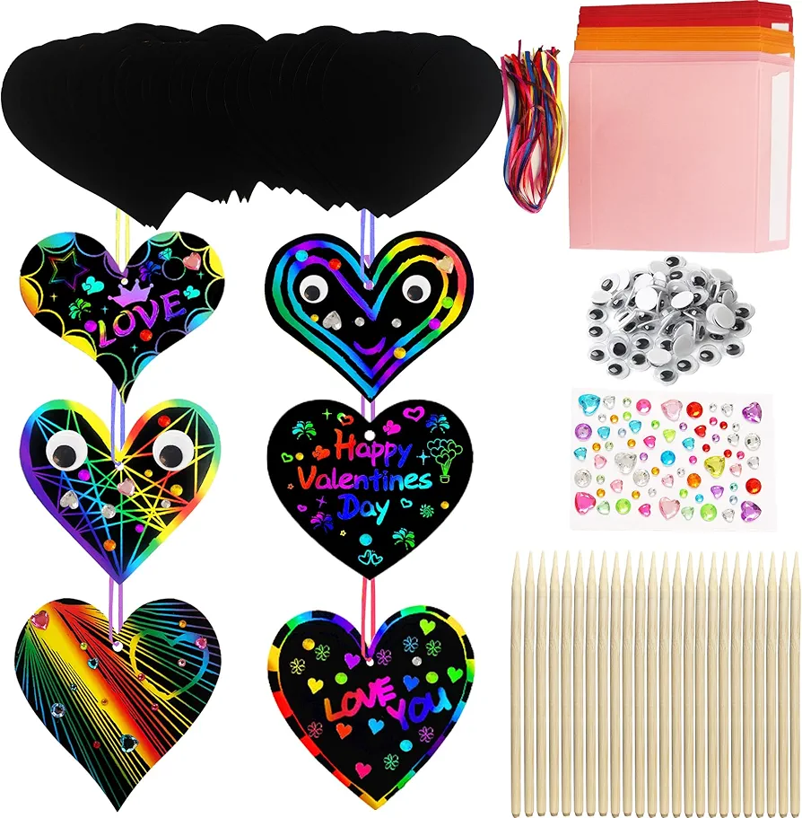24 pcs Magic Color Scratch Black Valentine Heart Rainbow Scratch Paper Ornaments 24 Sets Valentines Day Scratch Art Set for Kids School Classroom Valentines Art Activity Valentines Day Gifts