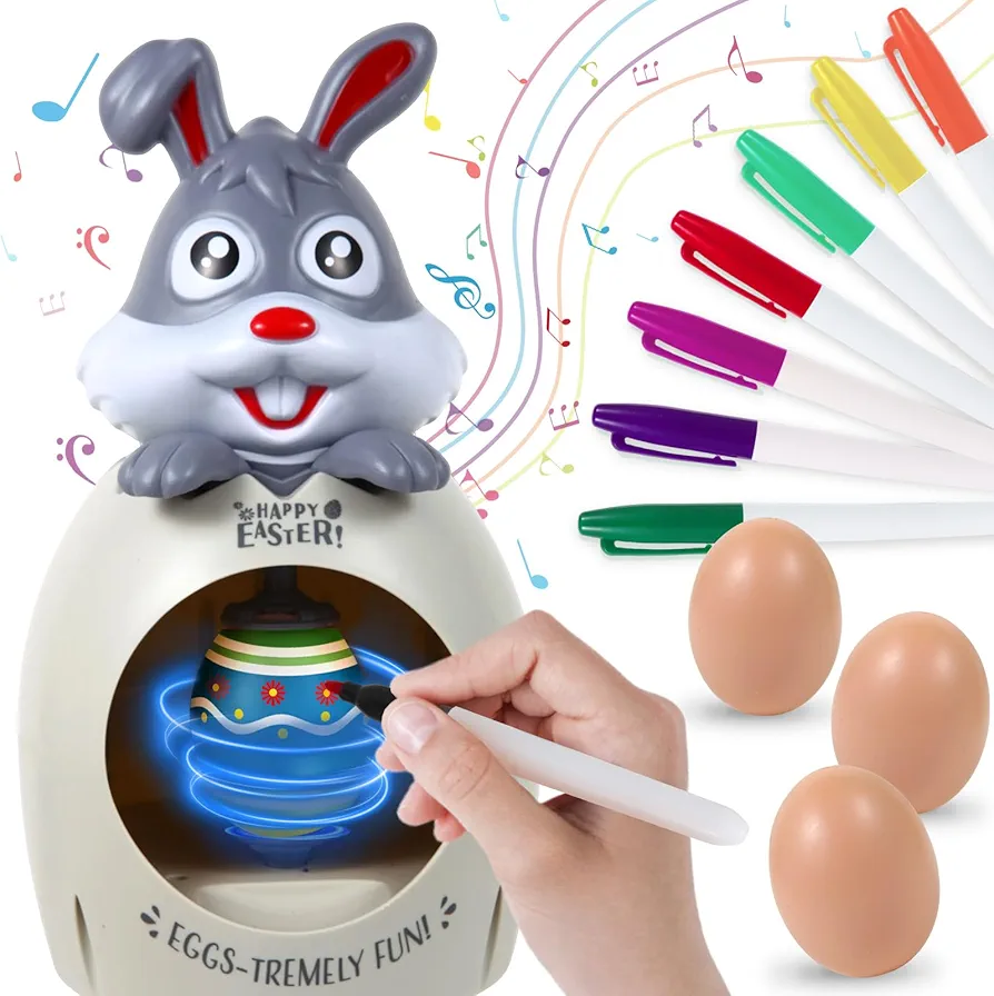 Easter Egg Decorator Kit - Includes Bunny Decorating Spinner Arts and Crafts Set with Music and Light, Easter Eggs Coloring Kit with 3 Eggs & 8 Colorful Markers, Easter Gift for Kids Boys Girls Party