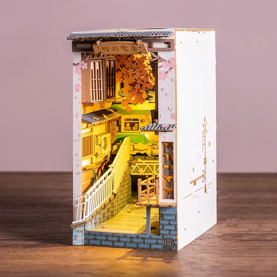 Rolife DIY Book Nook Kit Sakura Densya, DIY Miniature Booknook Kit Creative Decorative Bookend Bookshelf Insert 3D Puzzles for Adults, Halloween/Christmas Decorations/Gifts for Adults (Sakura Densya)