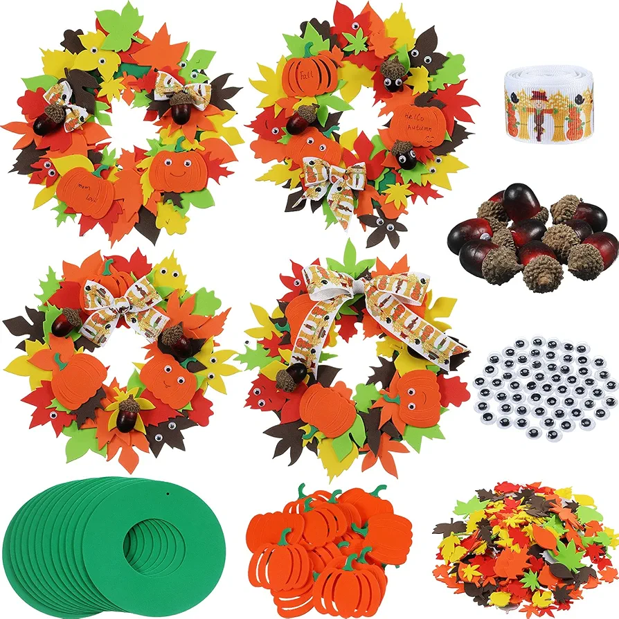 Halloween Thanksgiving Pumpkin Fall Leaf 3D Wreath Craft Kit Foam Pumpkin Shapes Fall Maple Leaves Wiggle Eyes Rhinestone Stickers Acorns for Kids DIY Autumn Seasonal Party Decoration (24 Sets)