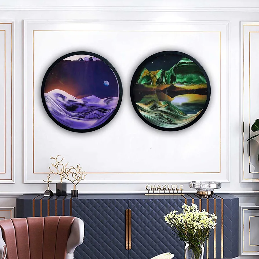 KRIDDR Moving Sand Art Pictures Set of 2 Round Glass 3D Moving Deep Sea Sand Landscape for Kids Adults Relax Toys Home Office Desk Decor