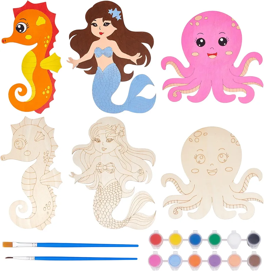 WEBEEDY 3 Set Mermaid Wooden Craft Kit for Kids Seahorse Octopus Unfinished Wood Cutouts Ocean Sea Animal Painting Kit Mermaid Gift for Girls Ages 5-10 Years Home Decor for Birthday Christmas