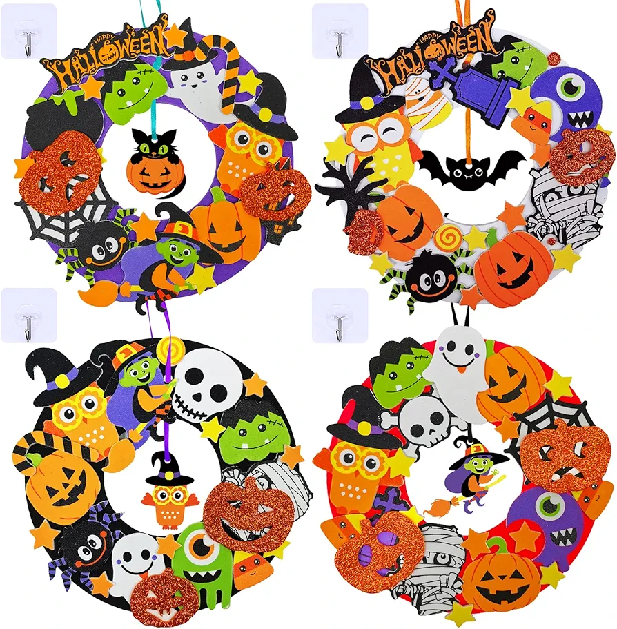 Winlyn 12 Sets Halloween Wreath Decorations Foam Halloween Wreath Signs Craft Kits Pumpkins Jack-O`-Lantern Owl Ghost Witch Bats Monster Stickers for Kids Art Gift Favors Trick-Or-Treaters Front Door