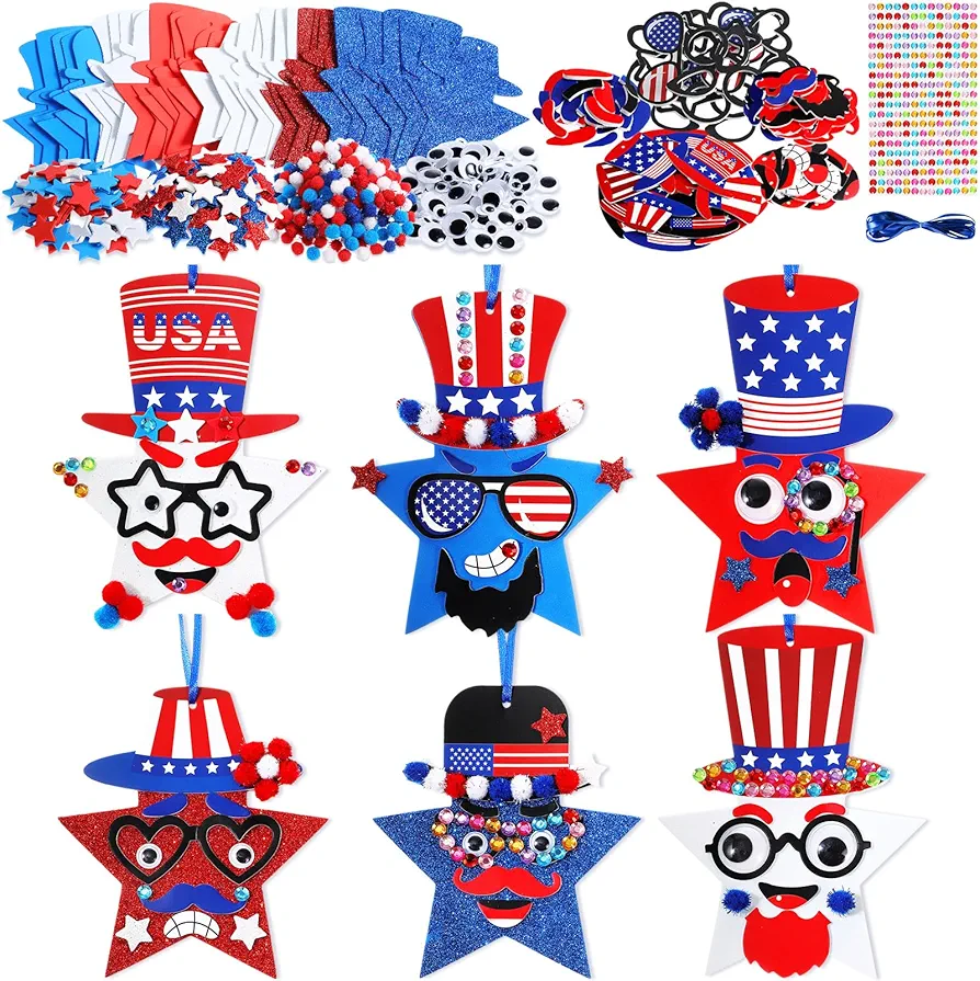 ReliThick 1153 Pcs 4th of July Arts and Craft Kits for Kids DIY Patriotic Craft DIY Star Ornament Patriotic Star Ornaments Decoration Red White Blue Glitter Star Stickers Craft Classroom Home Activity