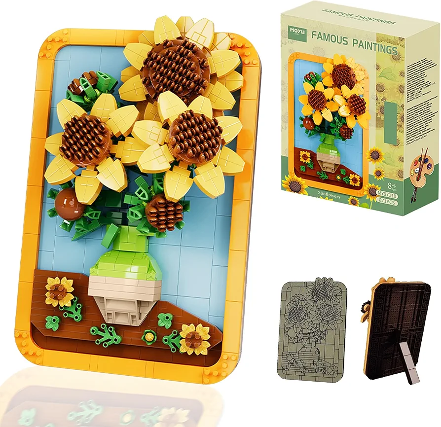 Sunflower 3D Painting Building Blocks for Kid for Adult,Vincent Van Gogh Famous Art Set,Micro Mini Building Kit Home Decor Model Toy,Display Model for Home or Office,871PCS Mini Bricks