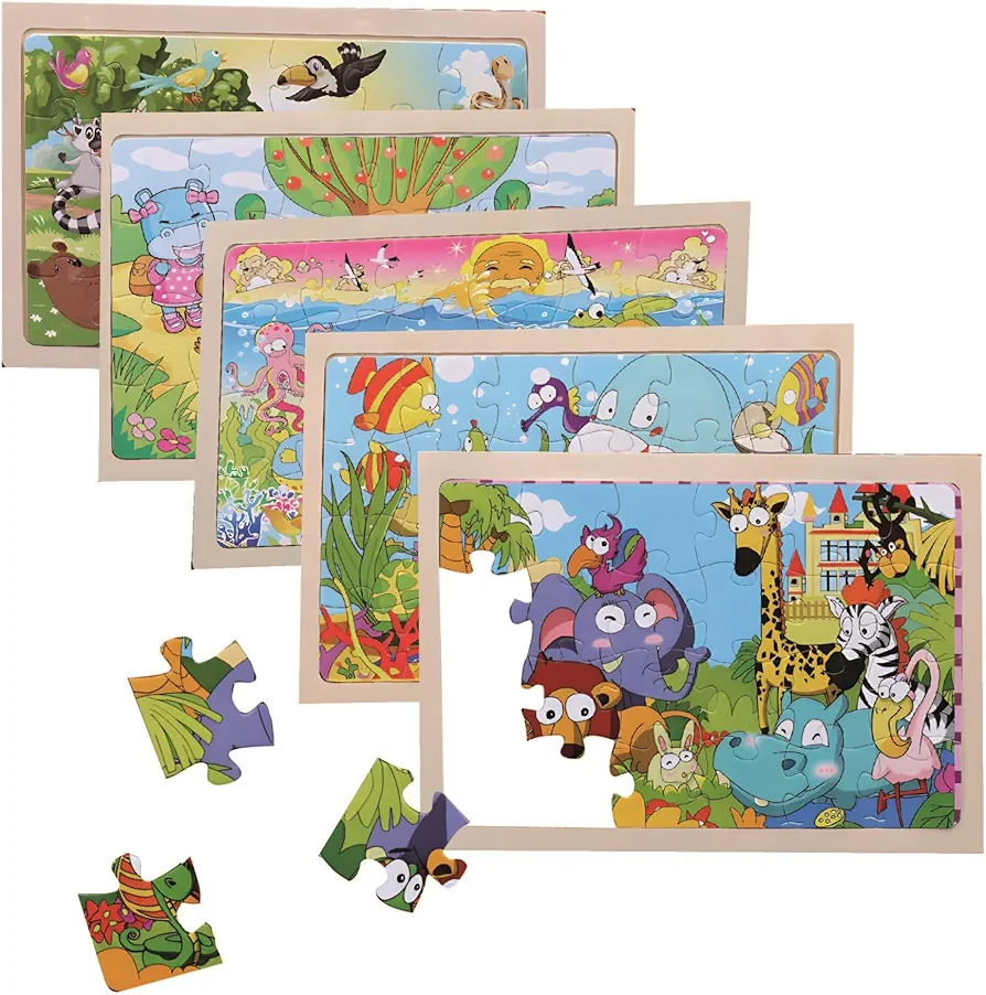 Jigsaw Puzzles Wooden Puzzles for Kids Ages 3-5 Preschool Educational Brain Teaser Boards Toddlers Toys Farm Zoo Sea World Gifts for 3 4 5 6 7 Year Old Boys Girls 5 Packs 24 Pcs
