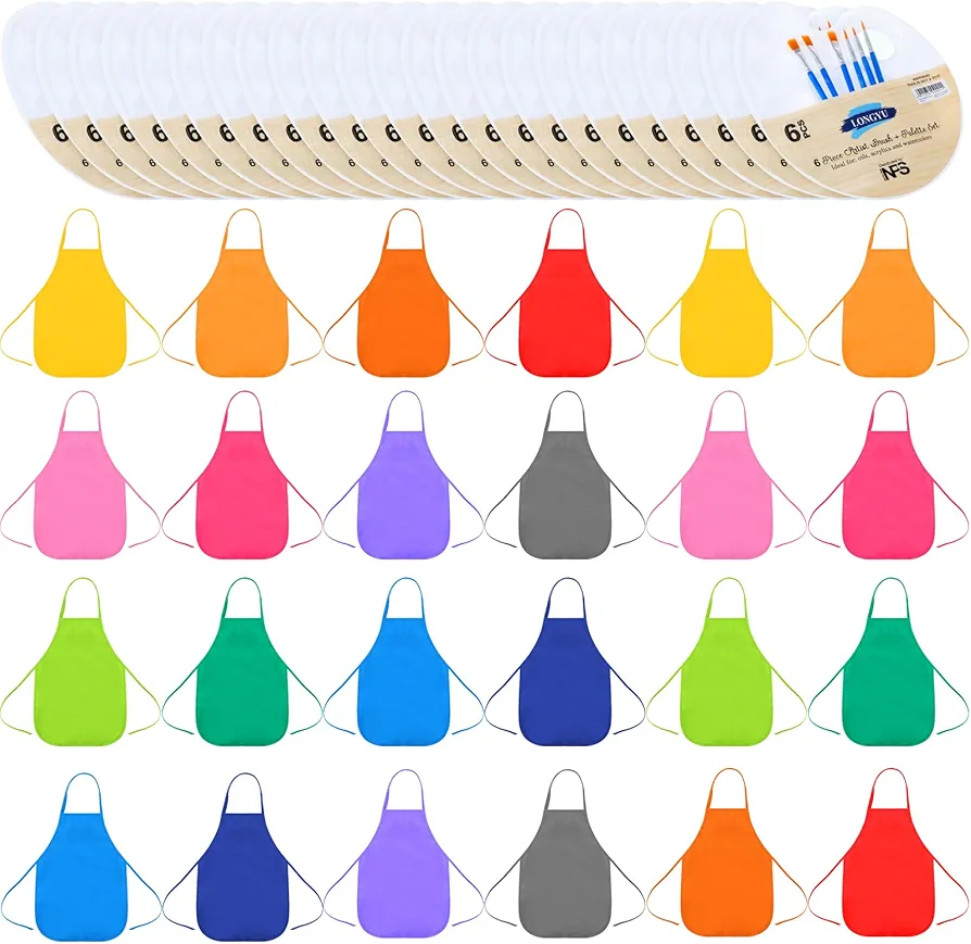 48 Pcs Paint Pallets Brush Set for Kids and Children's Painting Apron Artists Fabric Aprons Paint Party Supplies Art Party Decorations Paint Brush and Tray Set for Kitchen Classroom Activity