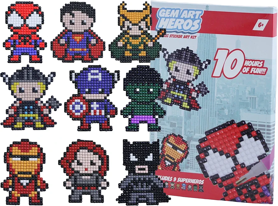 Kids Crafts Gem Art Hero Sticker Kit - Diamond Painting by Numbers with Rhinestones Fun & Easy - includes 9 Super Hero Stickers - Educational Craft Activity for Children Ages 5+ - Over 9 Hours of Fun