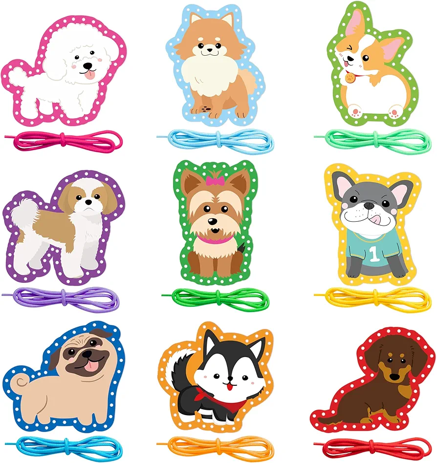 FeelWarm 9Pcs Dogs Lacing Cards - Sewing Cards with 9 Colorful Laces Puppy Animals Activity Games Trace String Threading Toys Developing Imagination Early Education Arts Craft Party Favors for Kids