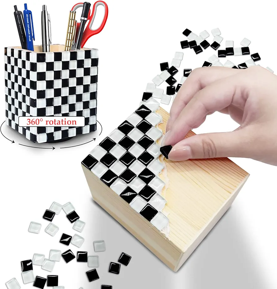 XinChout Glass Mosaic Tile DIY Kit with Wood Rotating Pen Holder Square Crystal Mosaic Supplies Art Kit for Adults Kids Handmade Crafts Set Material Pack Pen Cup Home Decor Gifts(Black White Mix)
