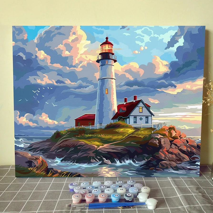 Lighthouse Light Up Paint by Numbers Kits with Brushes Seaside Red House Acrylic Oil Painting for Adults Tropical Seascape Pictures Green Plants Arts Craft Farmhouse Decor Boho Gift(Frameless)