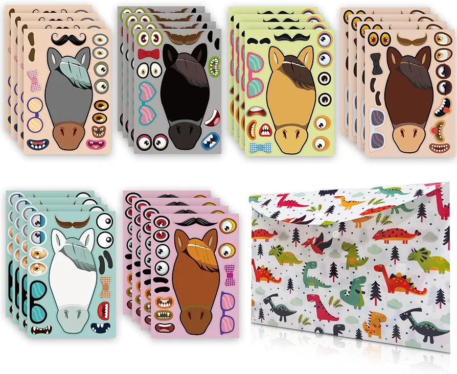 Kryhonva 24 Sheets Large Size Make a Face Stickers,Make Your Own Stickers Horse Kids Sticker Sheets for Girls Boys Kids Party Favor Supplies Craft