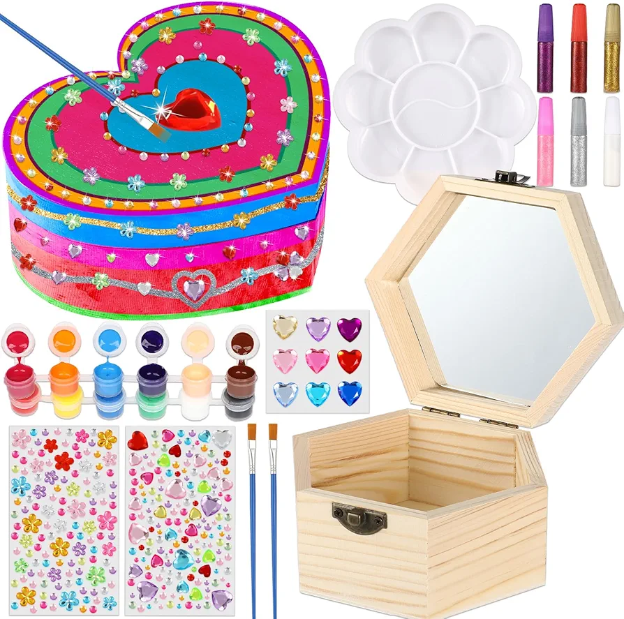 Qyeahkj Paint Your Own Wooden Treasure Box Arts Crafts Kit, DIY Heart Jewelry Kit for Ages 3 4 6 8 Birthday Party Favor Gift Set Activity
