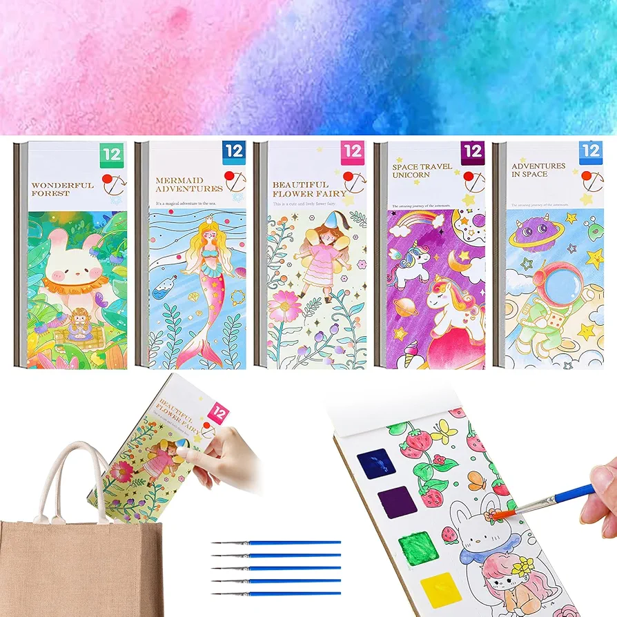DIKOCO 5 Pack Pocket Watercolor Paint Book Watercolor Painting Book Set Travel Pocket Watercolor Kit Pocket Hand Book Stocking Goodie Bag Stuffer Coloring Books for Kids