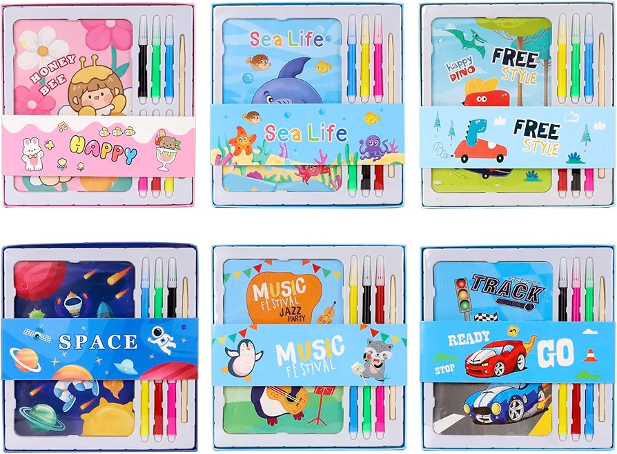 imagina 6 Packs Kids' Coloring Pads Set 6 Post Card,6 Scratch Paper,6 Colors Watercolor Paint Markers and 1 Wooden Stick of One Set Good Choice for Children's Day Gifts, GHWJ-3+B
