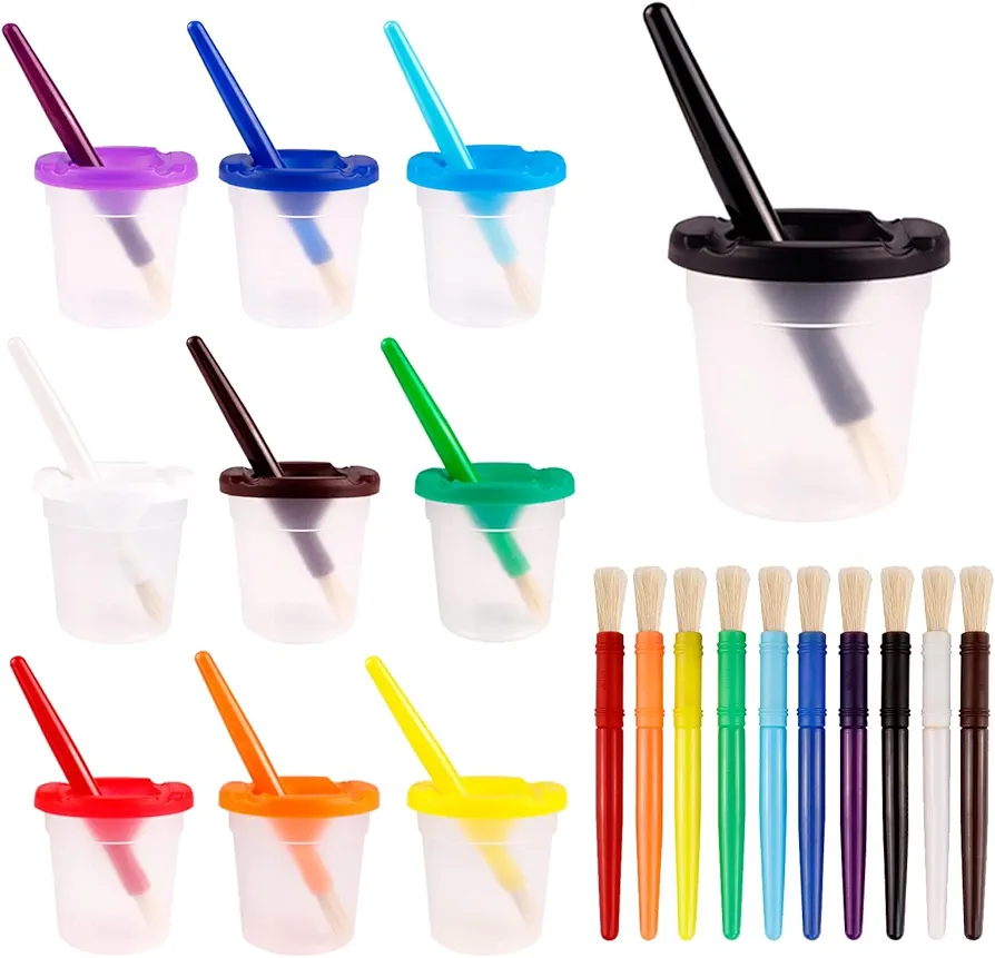 30PCS Spill-Proof Paint Cups with Paint Brushes and Lids, No Spill Paint Cups with Colored Lids, Paint Containers with Lids Toddler Paint Set for Kids